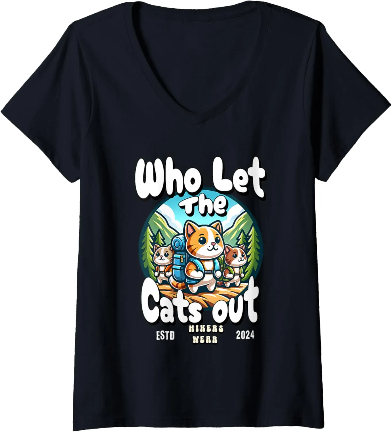Womens Who Let The Cats Out Hiking Backpack Kitten Cat Trekking V-Neck T-Shirt