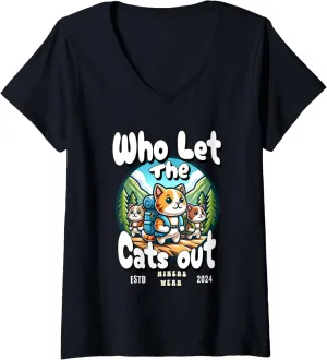 Womens Who Let The Cats Out Hiking Backpack Kitten Cat Trekking V-Neck T-Shirt