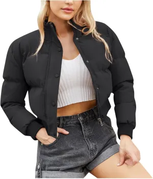 Women's Winter Cropped Puffer Jacket Long Sleeve Oversized Stand Collar Zip-Up Short Down Coat Fashion Solid Outwear