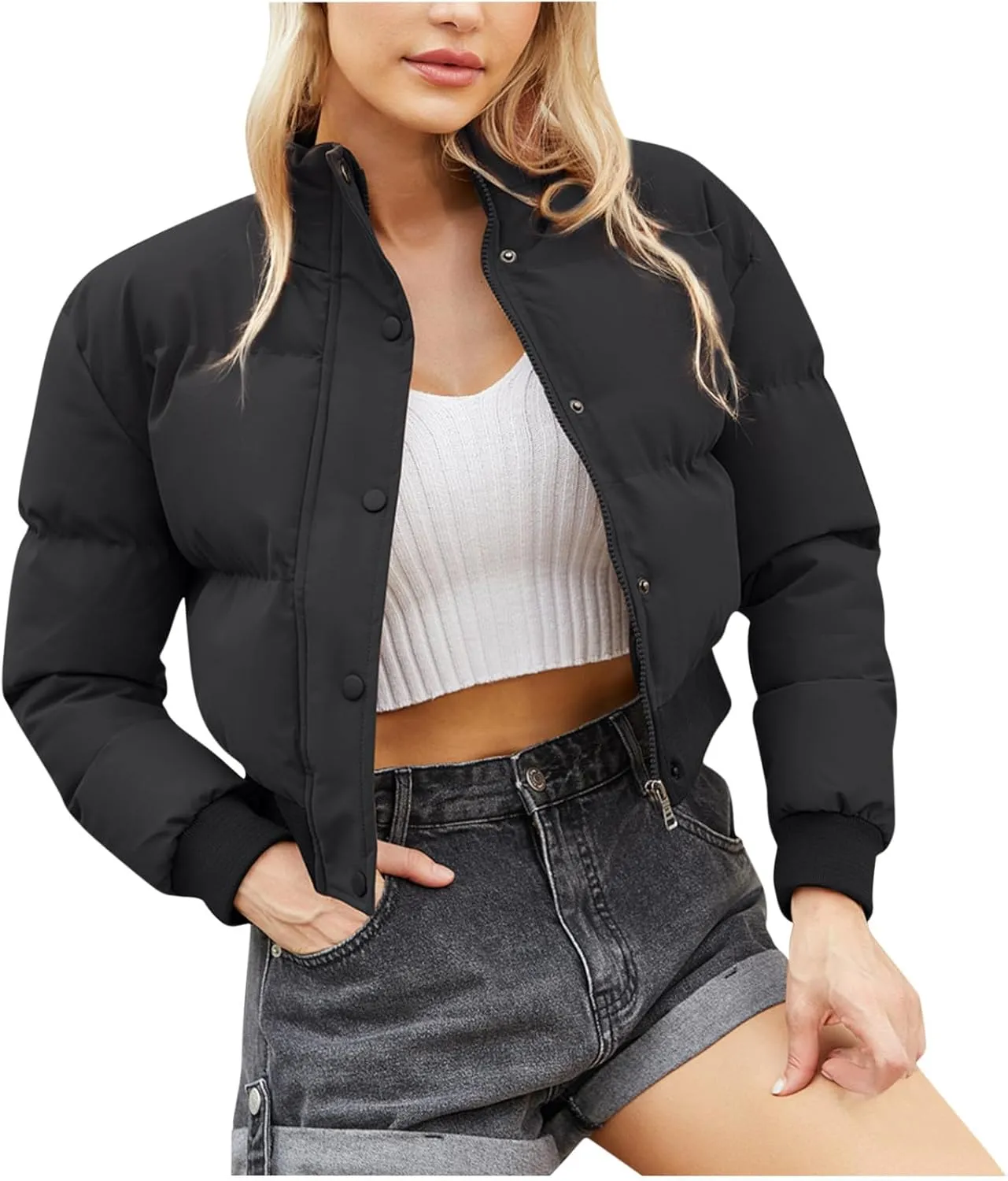 Women's Winter Cropped Puffer Jacket Long Sleeve Oversized Stand Collar Zip-Up Short Down Coat Fashion Solid Outwear