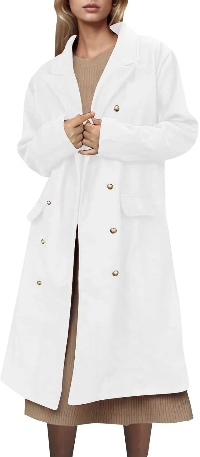 Women's Winter Double Breasted Midi Long Wool Coat Notch Lapel Winter Trench Coat Wool Winter Jackets