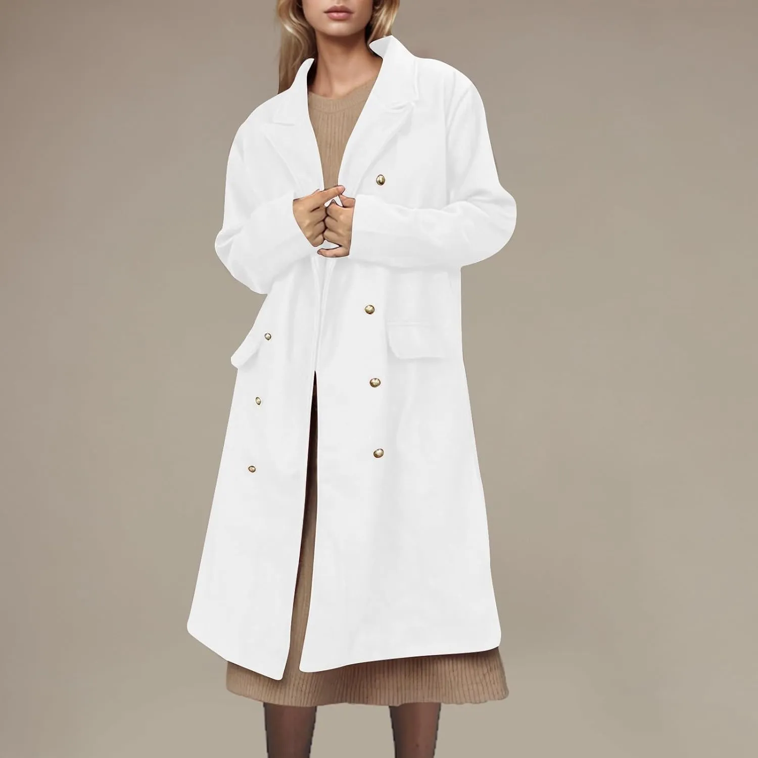 Women's Winter Double Breasted Midi Long Wool Coat Notch Lapel Winter Trench Coat Wool Winter Jackets