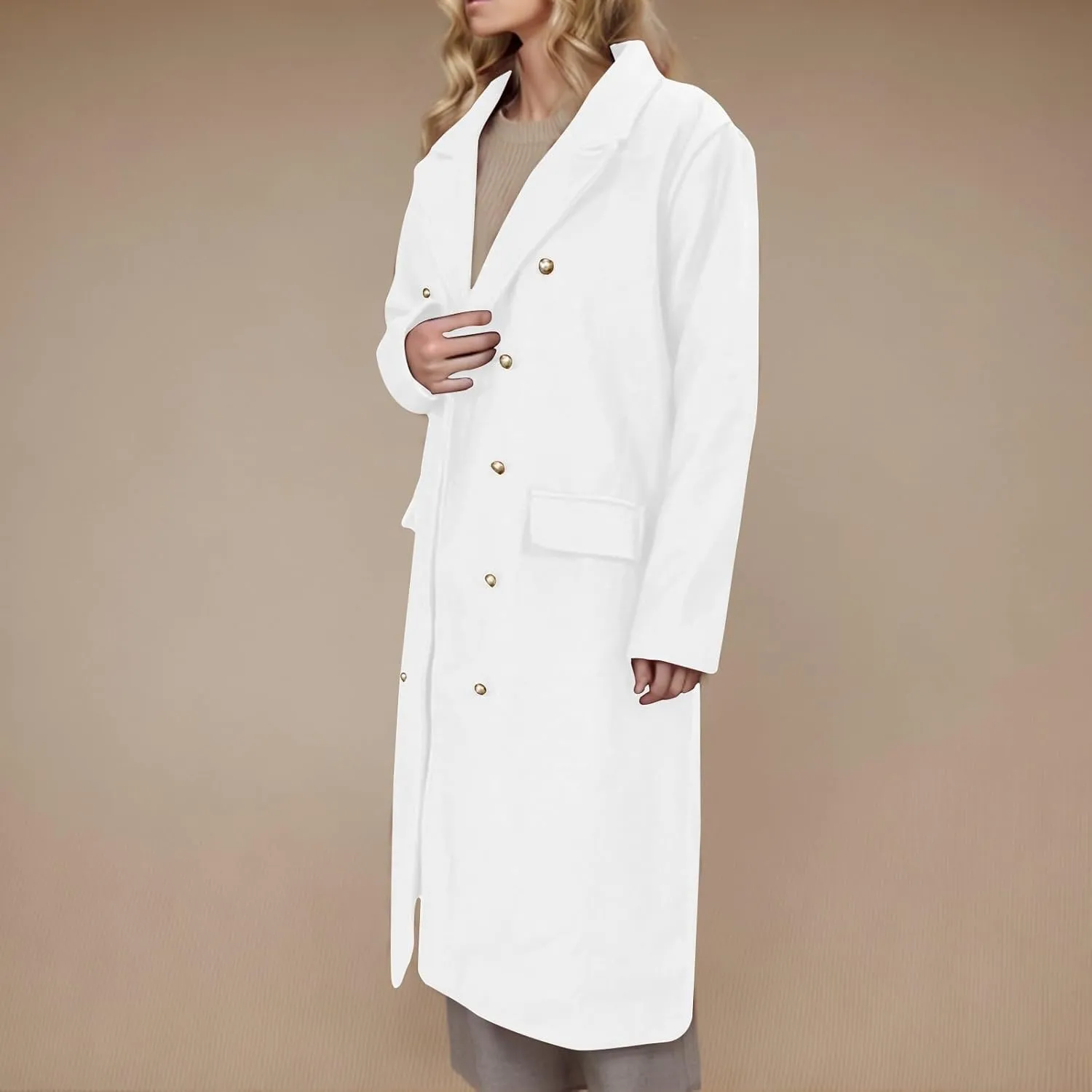 Women's Winter Double Breasted Midi Long Wool Coat Notch Lapel Winter Trench Coat Wool Winter Jackets