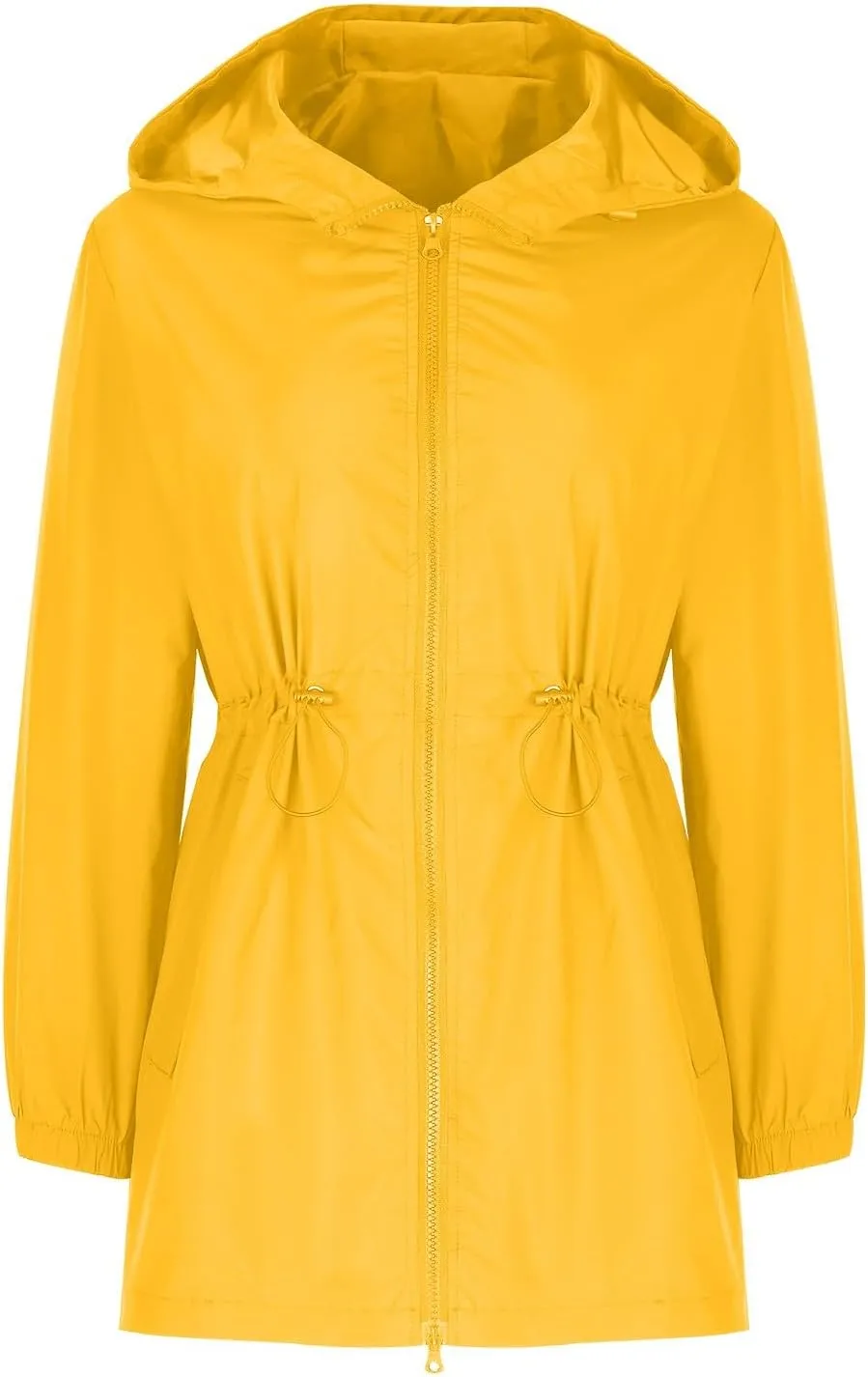 Women's Zip Up Hooded Outdoor Jackets Waisted Rain Jacket Overcoat Solid Color Windbreaker Hiking Coats