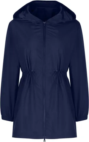 Women's Zip Up Hooded Outdoor Jackets Waisted Rain Jacket Overcoat Solid Color Windbreaker Hiking Coats