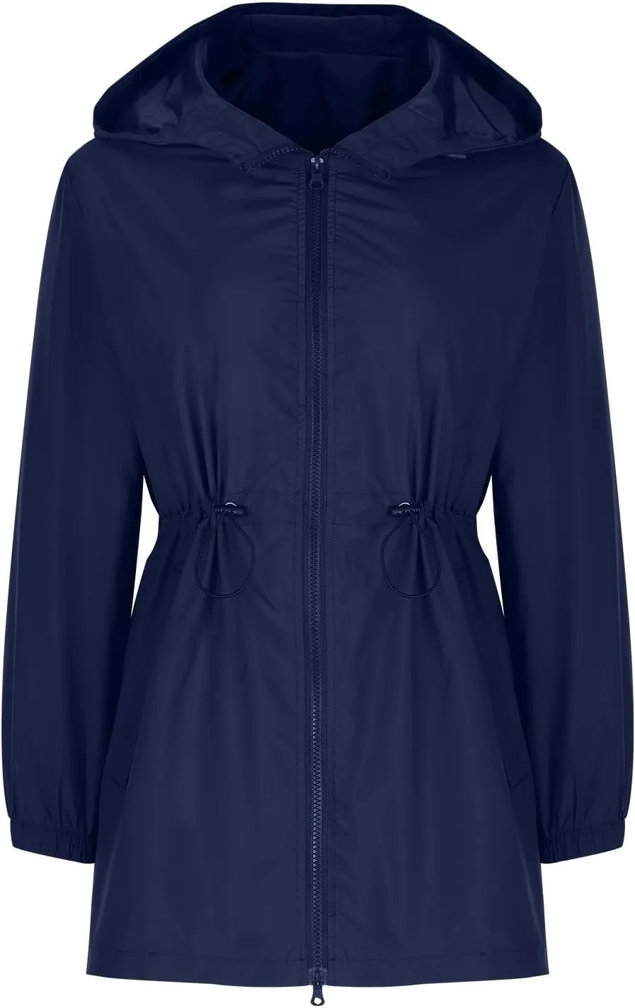 Women's Zip Up Hooded Outdoor Jackets Waisted Rain Jacket Overcoat Solid Color Windbreaker Hiking Coats