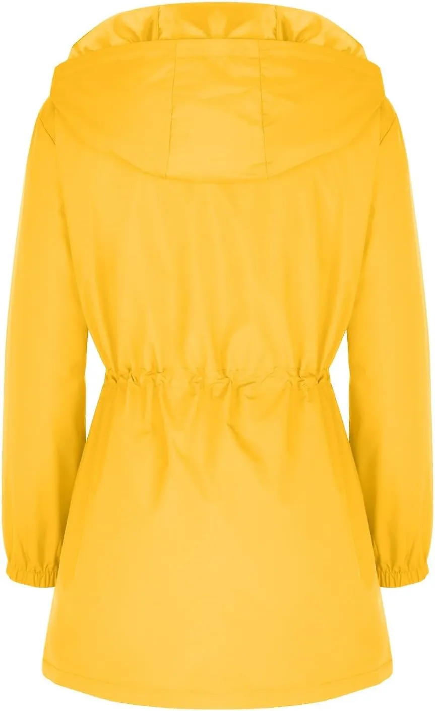Women's Zip Up Hooded Outdoor Jackets Waisted Rain Jacket Overcoat Solid Color Windbreaker Hiking Coats