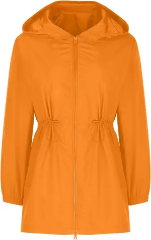 Women's Zip Up Hooded Outdoor Jackets Waisted Rain Jacket Overcoat Solid Color Windbreaker Hiking Coats