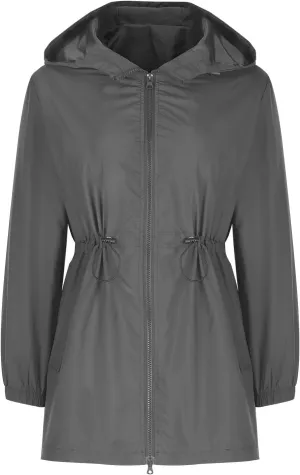 Women's Zip Up Hooded Outdoor Jackets Waisted Rain Jacket Overcoat Solid Color Windbreaker Hiking Coats