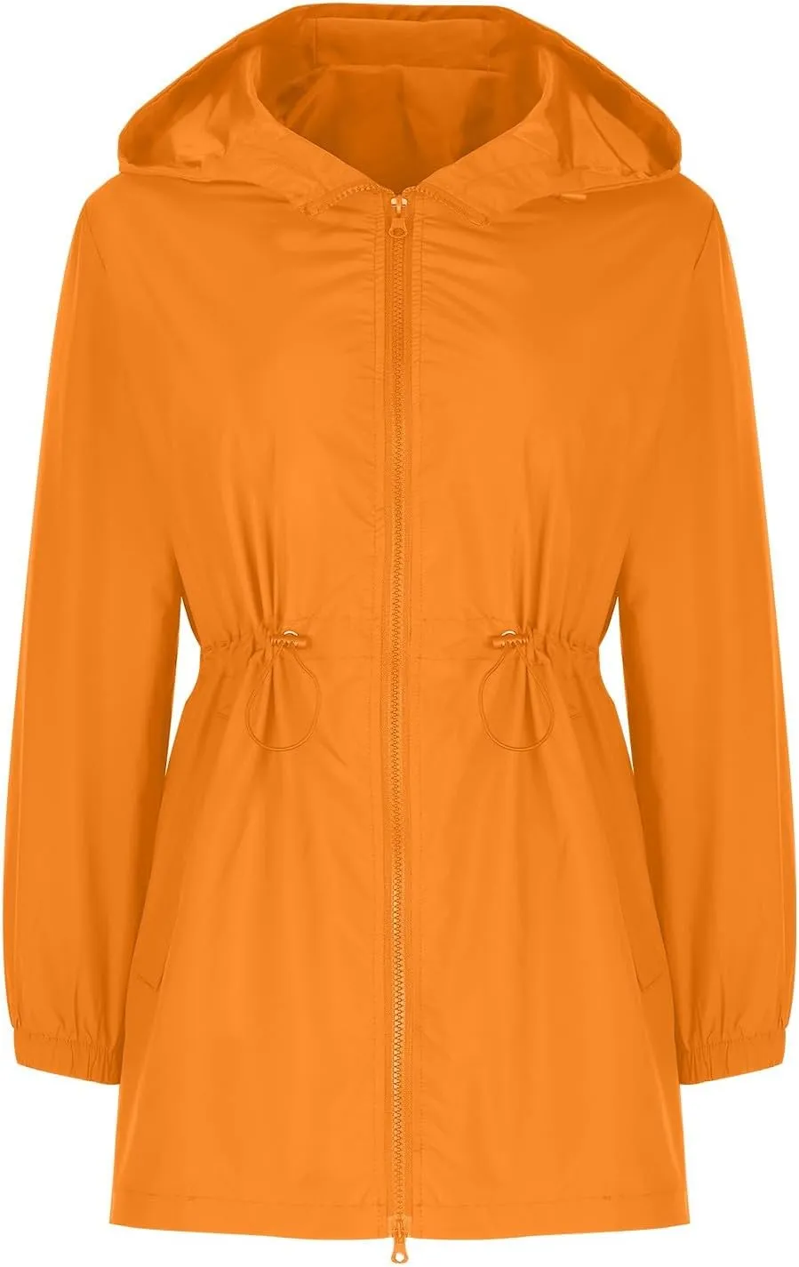 Women's Zip Up Hooded Outdoor Jackets Waisted Rain Jacket Overcoat Solid Color Windbreaker Hiking Coats