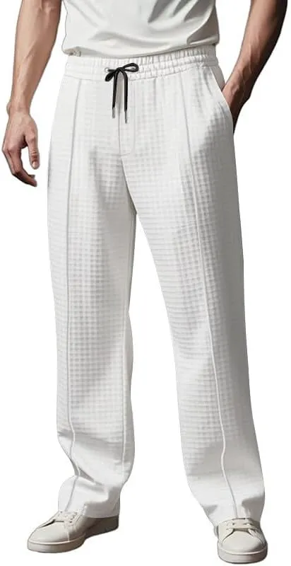 Xiaojmake Mens Casual Drawstring Pants 2025 Elastic Waist Lightweight Summer Loose Straight Waffle Work Pants with Pockets