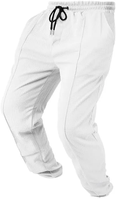 Xiaojmake Mens Casual Drawstring Pants 2025 Elastic Waist Lightweight Summer Loose Straight Waffle Work Pants with Pockets