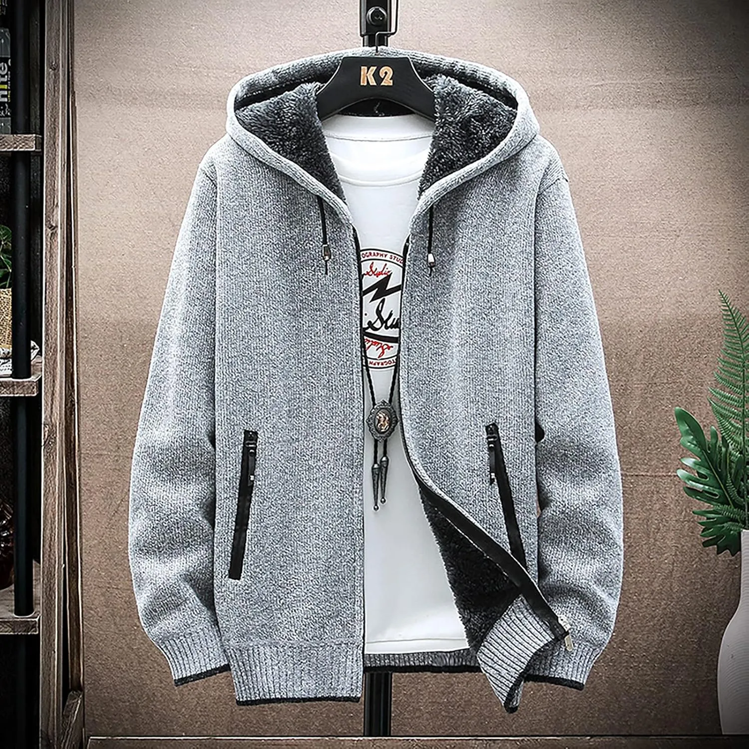Ymosrh Mens Fleece Jacket Fall and Winter Casual Sweater Jacket Warm Knit Sweater Hooded Hoodie Waterproof Jacket