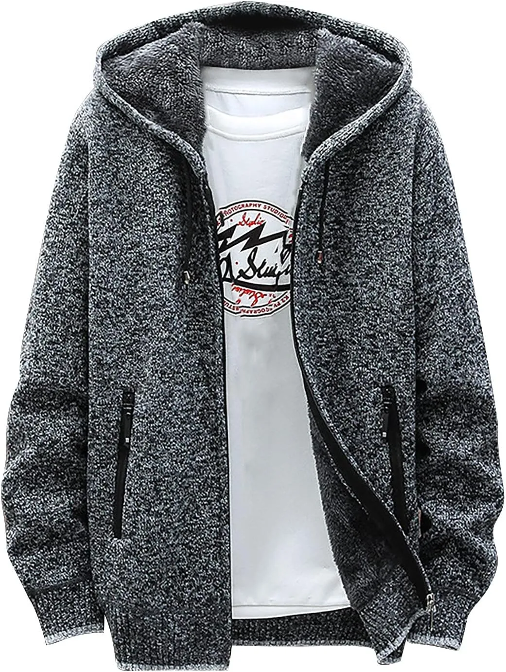 Ymosrh Mens Fleece Jacket Fall and Winter Casual Sweater Jacket Warm Knit Sweater Hooded Hoodie Waterproof Jacket
