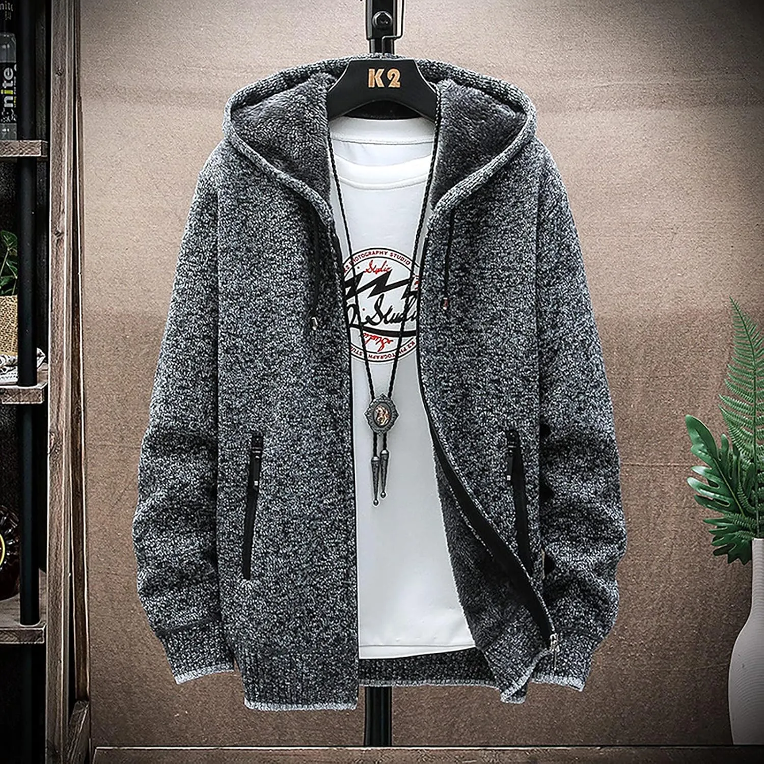 Ymosrh Mens Fleece Jacket Fall and Winter Casual Sweater Jacket Warm Knit Sweater Hooded Hoodie Waterproof Jacket