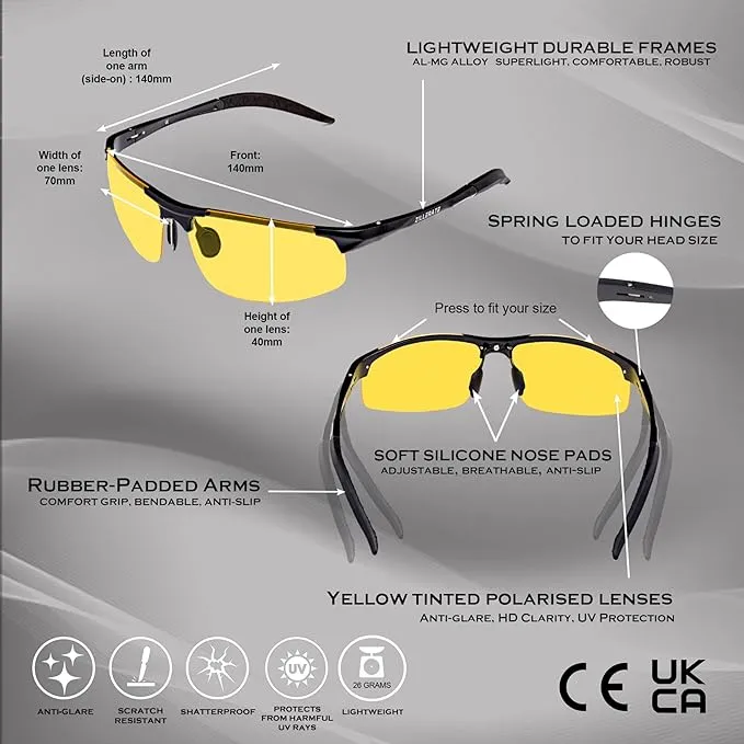 ZILLERATE Night Driving Glasses for Men & Women - Anti-Glare Night Vision Glasses for Driving, Polarised Lenses Filter Dazzling Glare from Headlights, Yellow Tinted Lens, Light Metal Frame