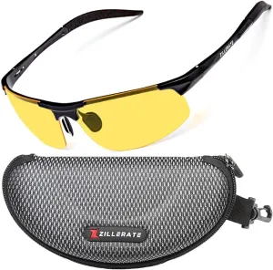 ZILLERATE Night Driving Glasses for Men & Women - Anti-Glare Night Vision Glasses for Driving, Polarised Lenses Filter Dazzling Glare from Headlights, Yellow Tinted Lens, Light Metal Frame