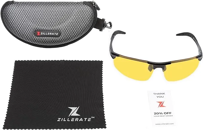 ZILLERATE Night Driving Glasses for Men & Women - Anti-Glare Night Vision Glasses for Driving, Polarised Lenses Filter Dazzling Glare from Headlights, Yellow Tinted Lens, Light Metal Frame