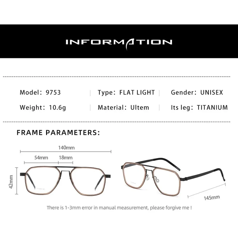 Zirosat Unisex Full Rim Polygon Double Bridge Titanium Acetate Eyeglasses 9753